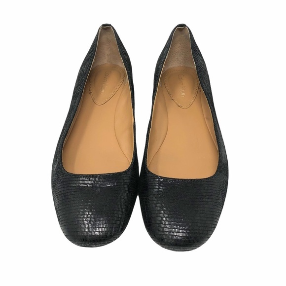 Calvin Klein Fridelle Black Embossed Flats Women’s Size 6 Gold Studded Heel Logo - Picture 4 of 10